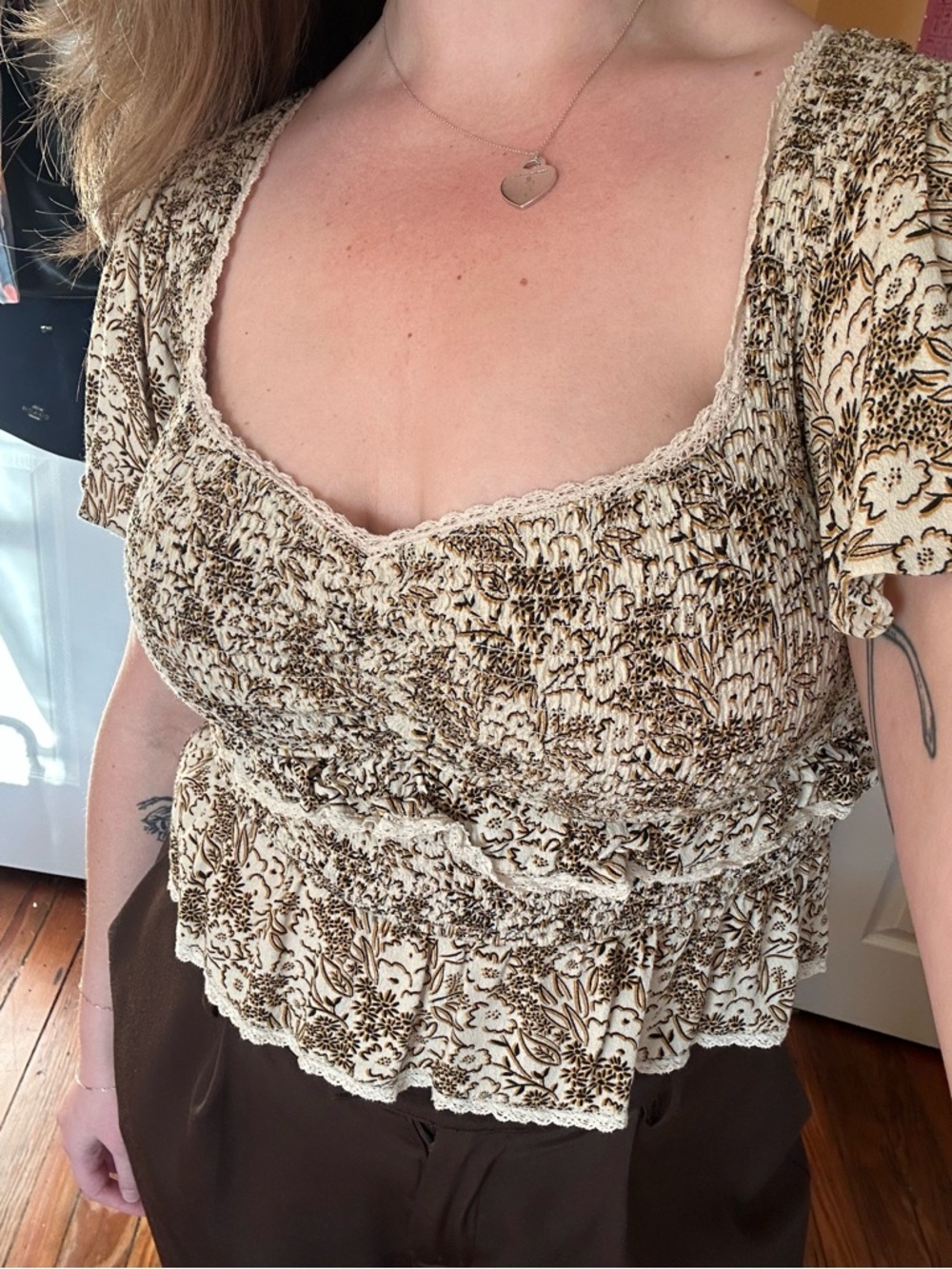 Astr Smocked Floral Square-Neck Top - Cream and Brown